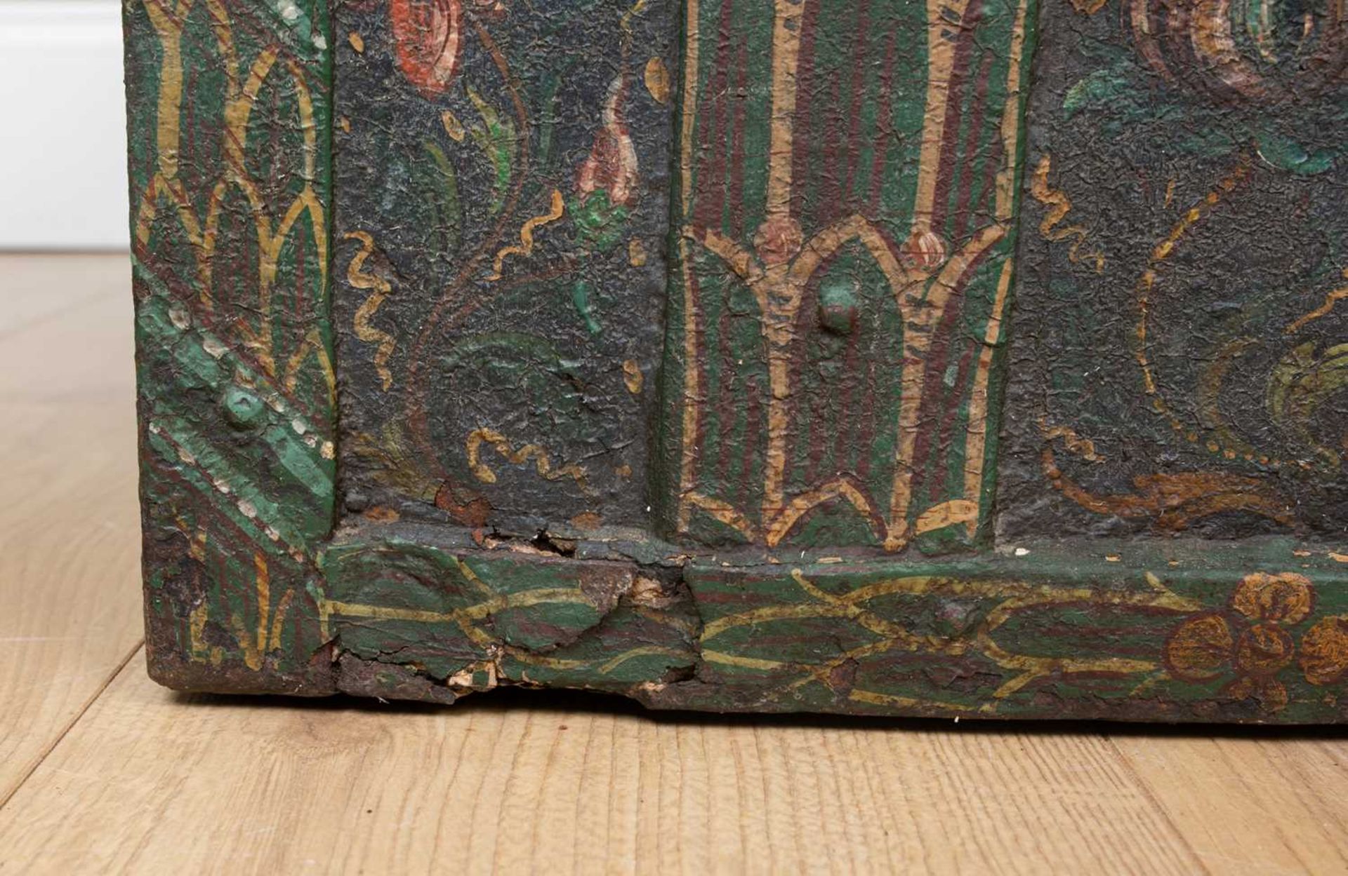 A 17th/18th century German painted iron and strapwork Armada chest with carrying handles to the - Image 6 of 6