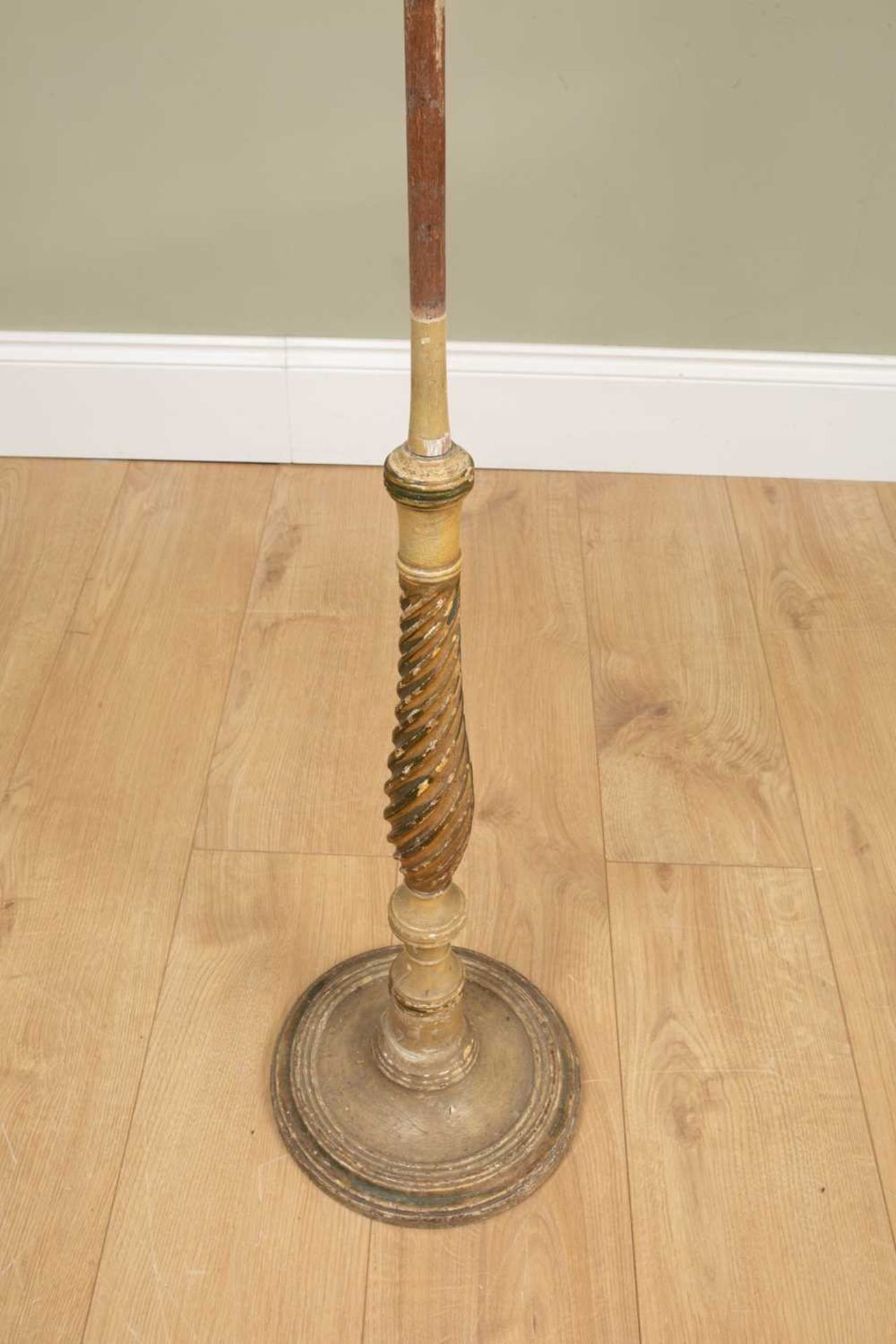 A 19th century painted wooden floor standing candle stand with three adjustable sconces, carved - Image 4 of 5