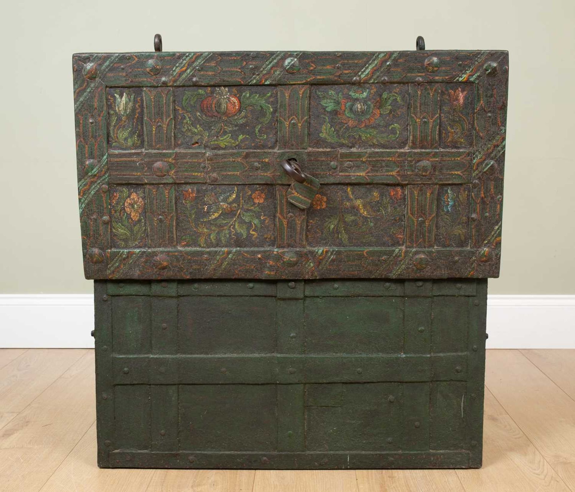 A 17th/18th century German painted iron and strapwork Armada chest with carrying handles to the - Image 3 of 6