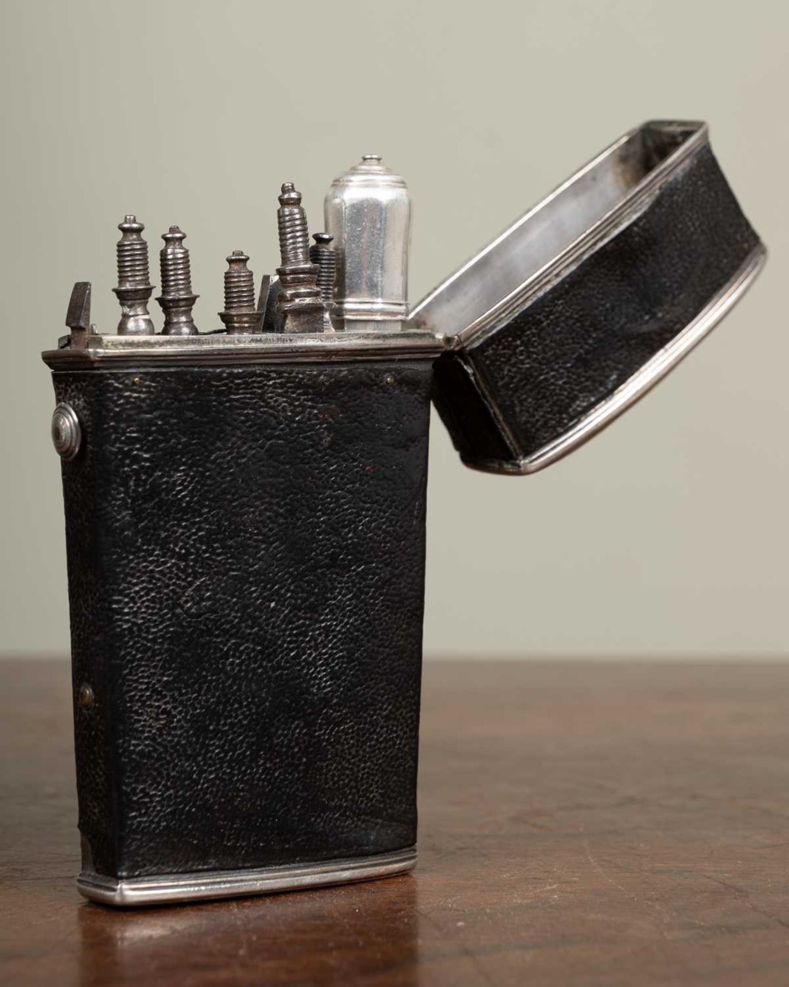 A Georgian white metal etui containing various steel blades to include a knife and fork, a pen knife - Image 2 of 3