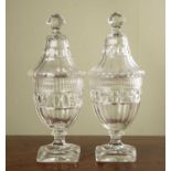 A pair of 19th century cut glass sweetmeat vases and covers each on a square base, 12.5cm diameter x