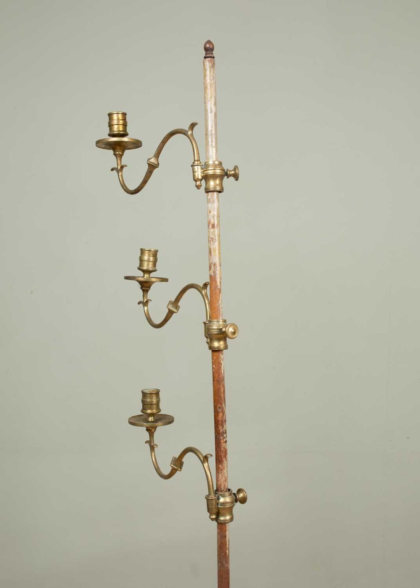 A 19th century painted wooden floor standing candle stand with three adjustable sconces, carved - Image 3 of 5