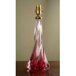 A Val St Lambert Belgian cranberry glass table lamp of twisting form, 37cm highIn good condition