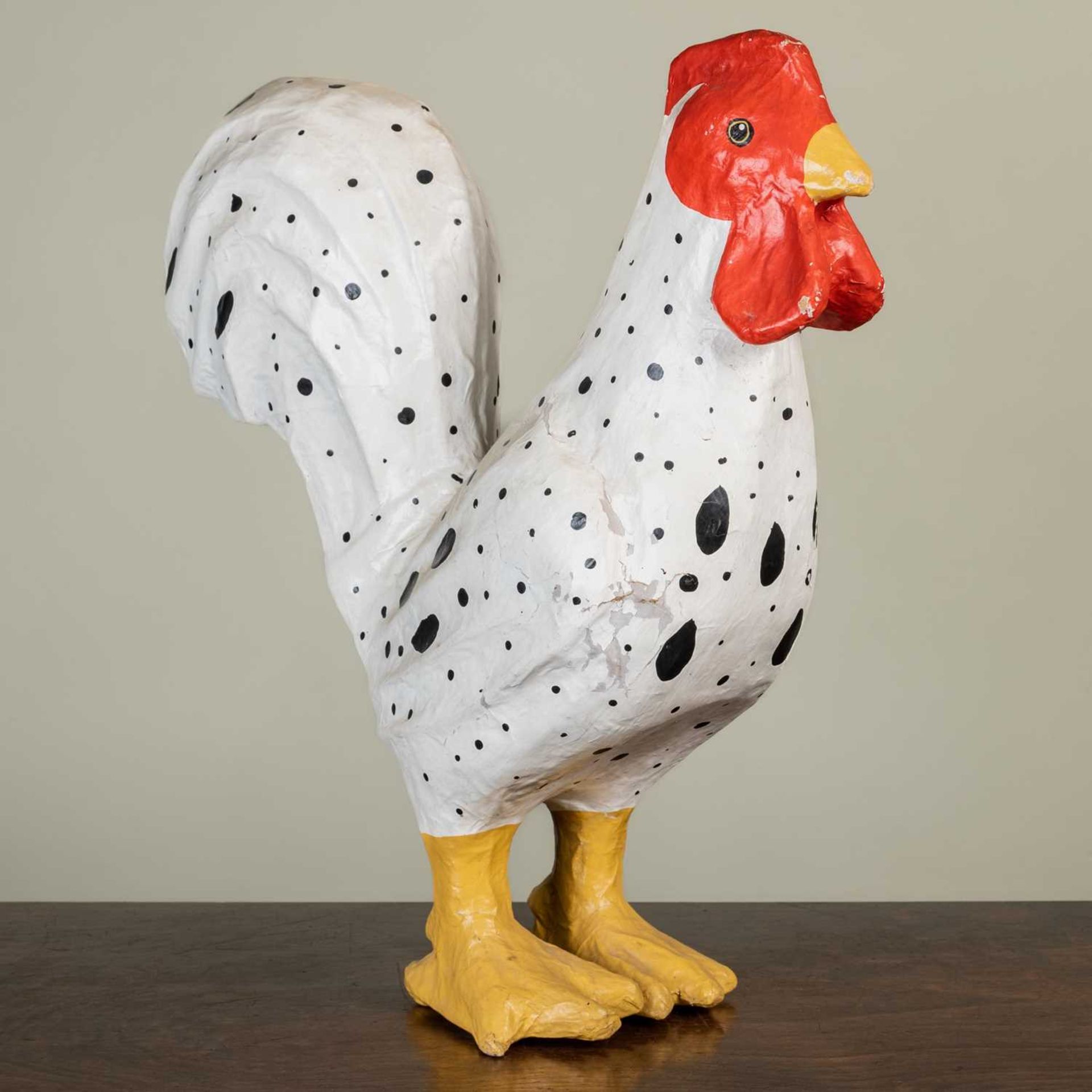 A painted contemporary papier-mâché model of a chicken, 37cm long x 39cm highSome cracks and marks - Image 2 of 3