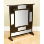 A Victorian black lacquered aesthetic style fire screen with mirrored panels, 92cm wide x 101.5cm