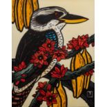 Leslie Van Der Sluys (1939-2010) 'Kookaburra and Kurrajong', limited edition linocut numbered 61/90,