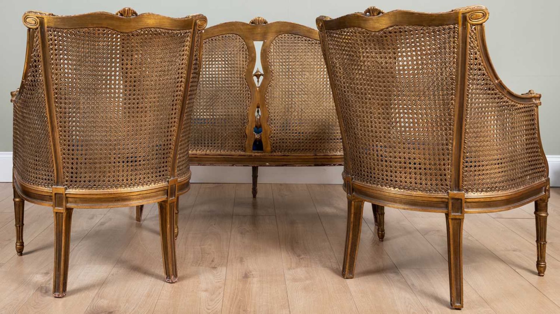 A 20th century gilt Berger suite consisting of a two seater sofa and two chairs, all with double - Image 2 of 2