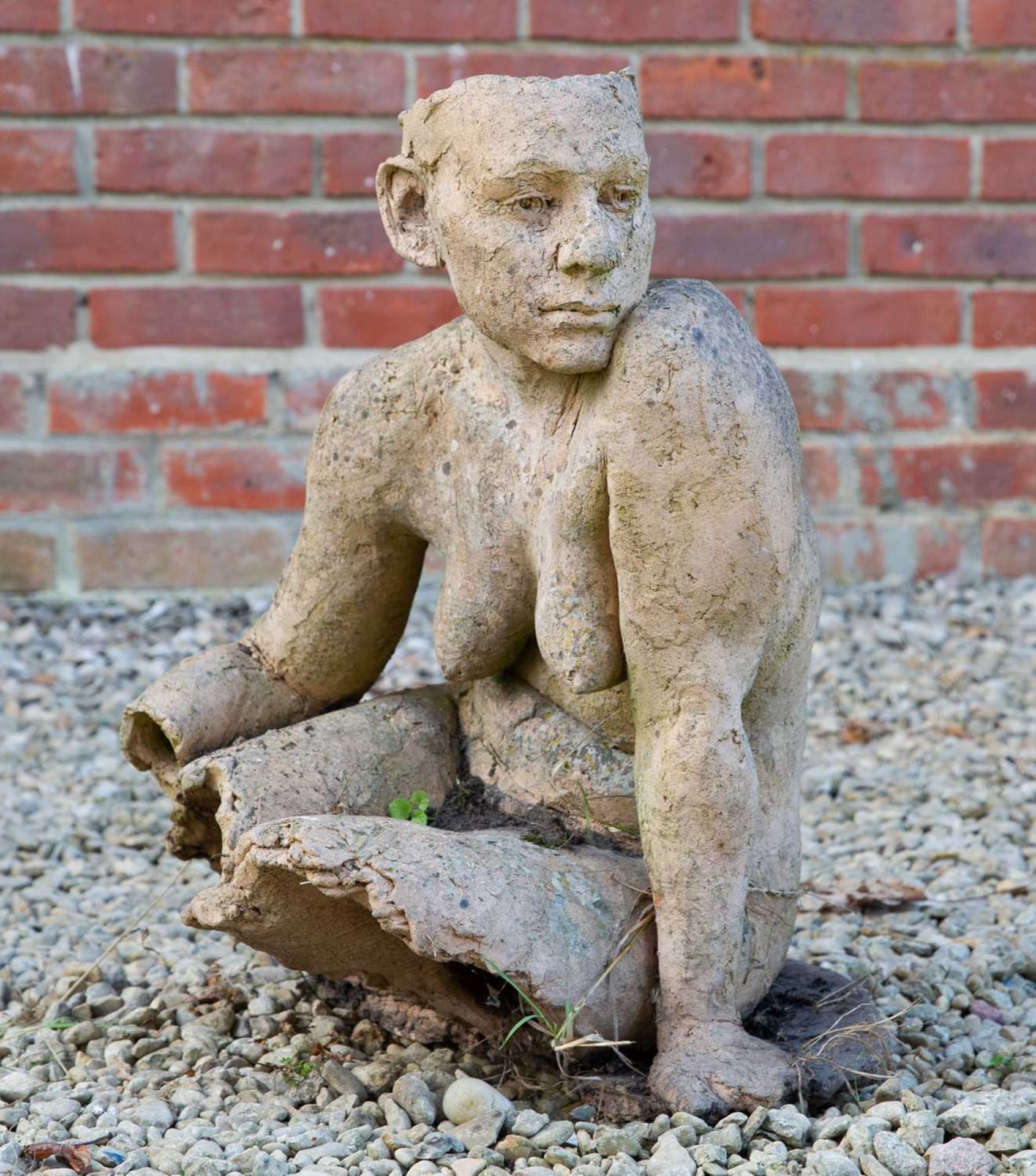 A 20th century English School head and torso sculpture of a seated female, 56cm highWeathered