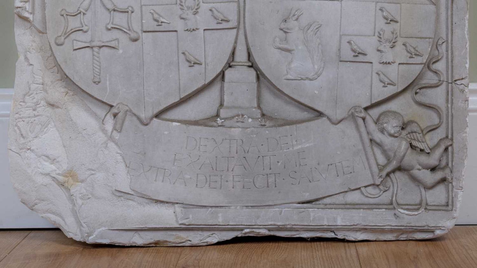 A cast plaster heraldic panel with motto beneath the heraldic shields 'Dextra dei exaltauit me extra - Image 2 of 3