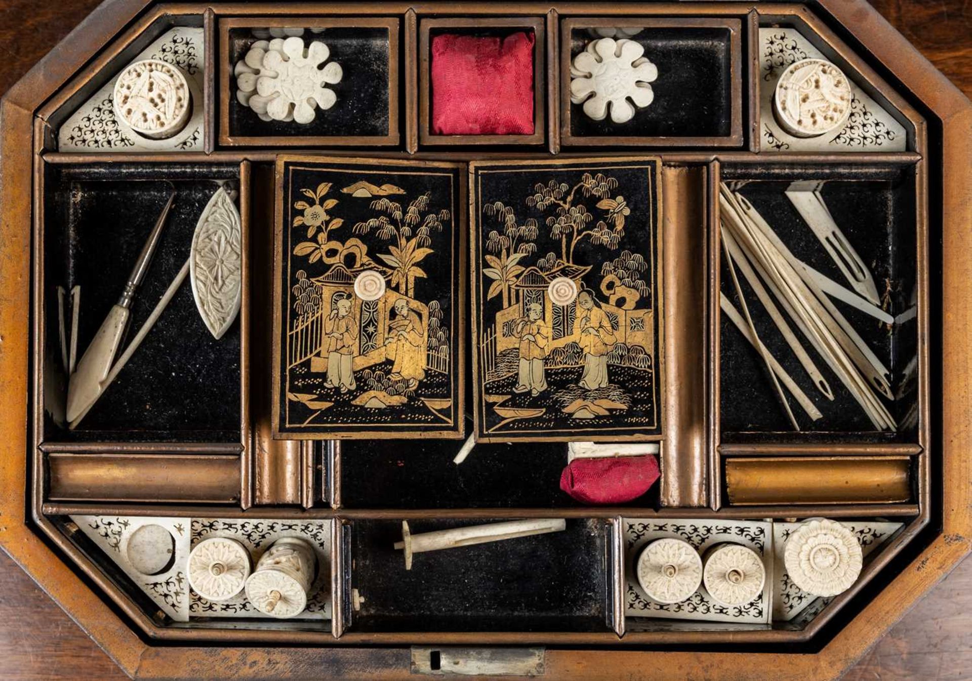 An antique Chinese lacquered work box with canted corners and carrying handles to the side, the - Image 2 of 7