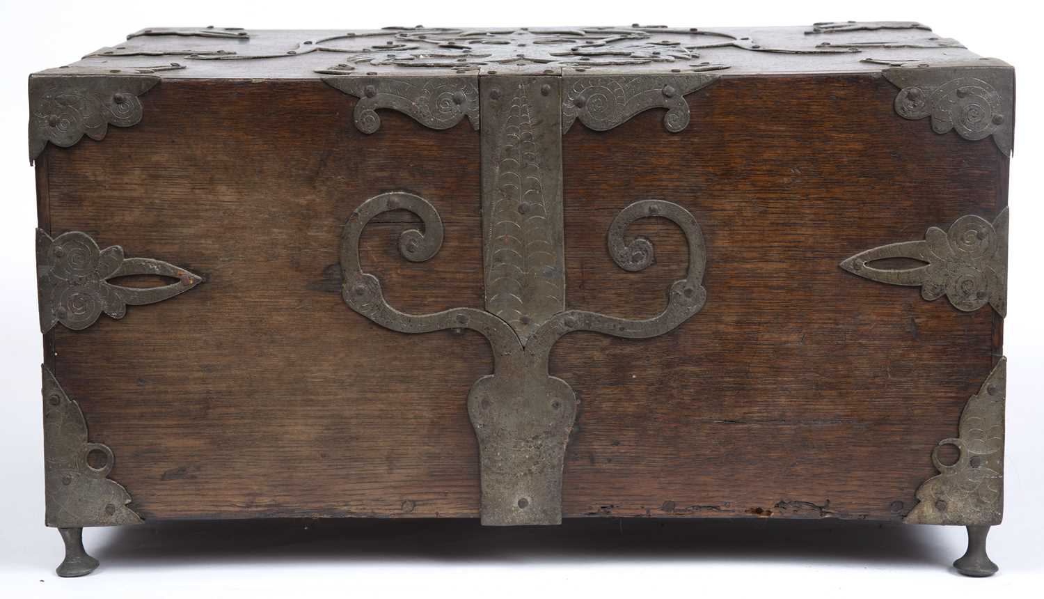 A 17th century German oak and metal bound table top cabinet of drawers, having a double headed eagle - Image 6 of 10