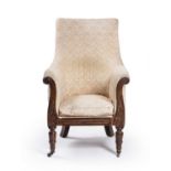 William IV mahogany framed library armchair with cream fabric upholstery, out scrolling arms, turned