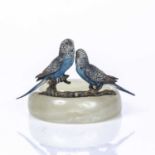 A pair of Austrian cold painted bronze budgerigars mounted to a white hardstone tray, overall 15cm