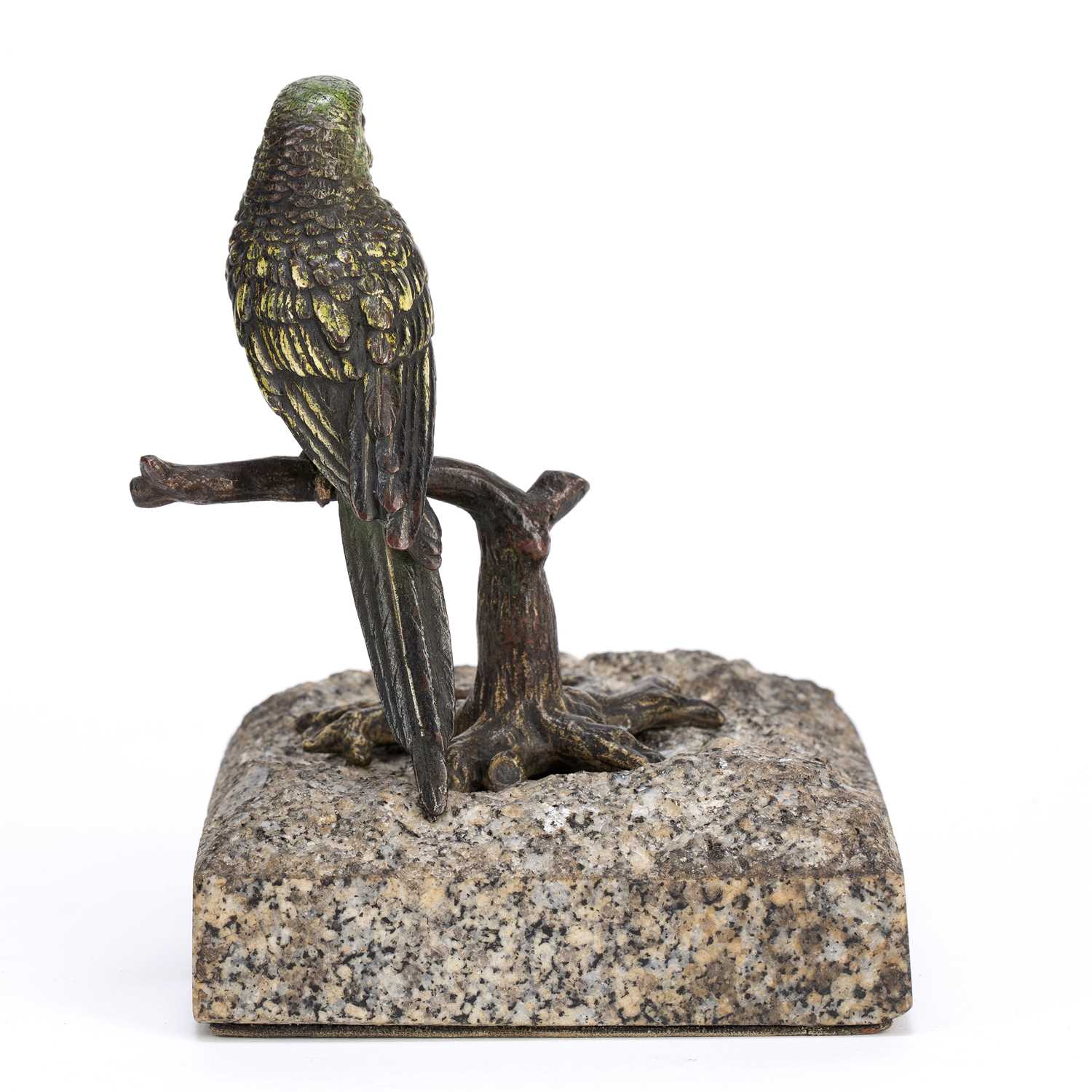 A late 19th / early 20th century Austrian cold painted bronze parakeet on a perch, mounted on a - Image 3 of 3