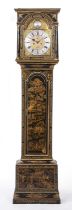 A late 18th century black japanned eight day longcase clock, the 12" break arch dial with silvered