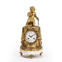 19th Century French gilt metal mantle clock, with a cherub Surmount, the enamelled dial signed Le