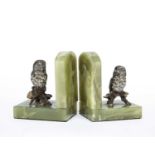 A pair of early to mid 20th century onyx bookends mounted with cold painted bronze owls, each 10cm