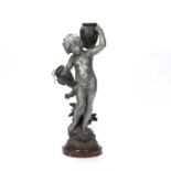 After Auguste Moreau (1834-1917) Le Ruisseau, a mixed metal statue of a cherub with two urns, signed