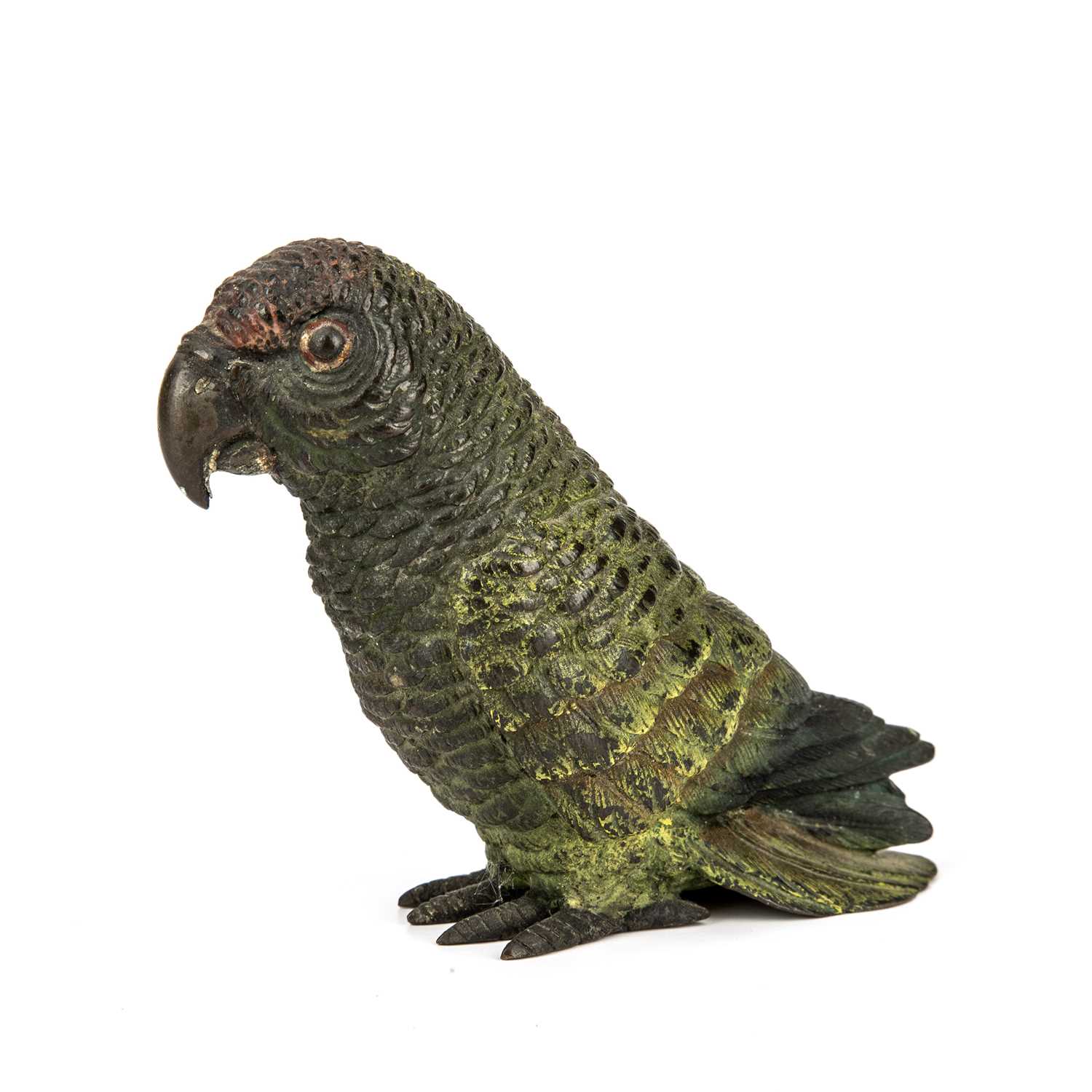 An early 20th century Austrian cold painted bronze parrot 9cm highsome wear and scraches to paint,