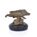 Paul Edouard Dreux (1855-1947) Bronzing leaping boar on an ebonised wooden base, 12cm wide x 7cm