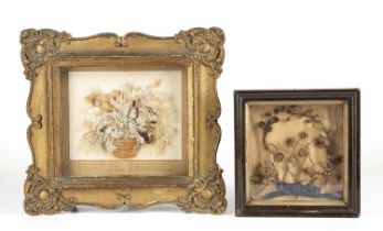 A 19th century hair work picture depicting a flower, mounted and glazed. 20cm x 20cm together with a