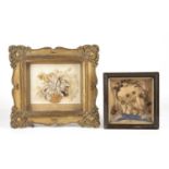 A 19th century hair work picture depicting a flower, mounted and glazed. 20cm x 20cm together with a