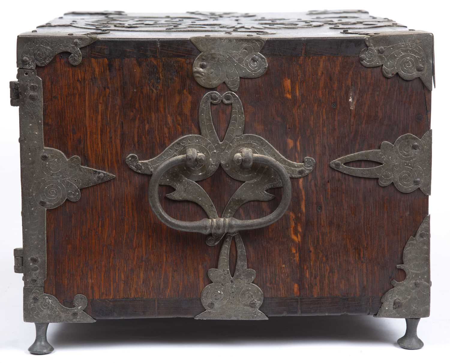 A 17th century German oak and metal bound table top cabinet of drawers, having a double headed eagle - Image 7 of 10