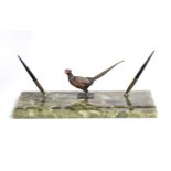 An onyx desk stand with a central cold painted bronze pheasant and two Sheaffers fountain pens
