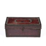 A Regency studded red leather covered camphor wood trunk 64cm wide x 32cm deep x 28cm highIn good