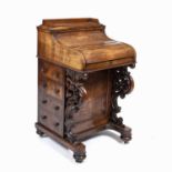 A Victorian burr walnut piano top Davenport desk, the pop up galleried top with drawers and pigeon