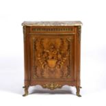 A 20th century French Kingwood side cabinet with a marble top, marquetry inlaid door and gilt