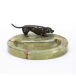 A late 19th / early 20th century bronze Dachshund mounted to an onyx tray, the Dachshund 11cm wide x