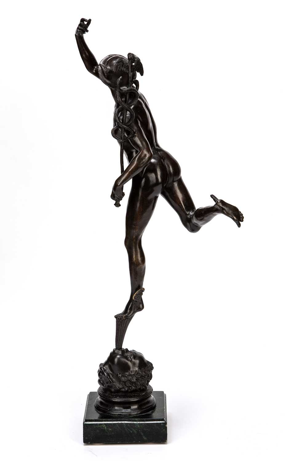 A 20th century bronze statue of Mercury after the original by Giambologna, mounted on a green marble - Image 5 of 7