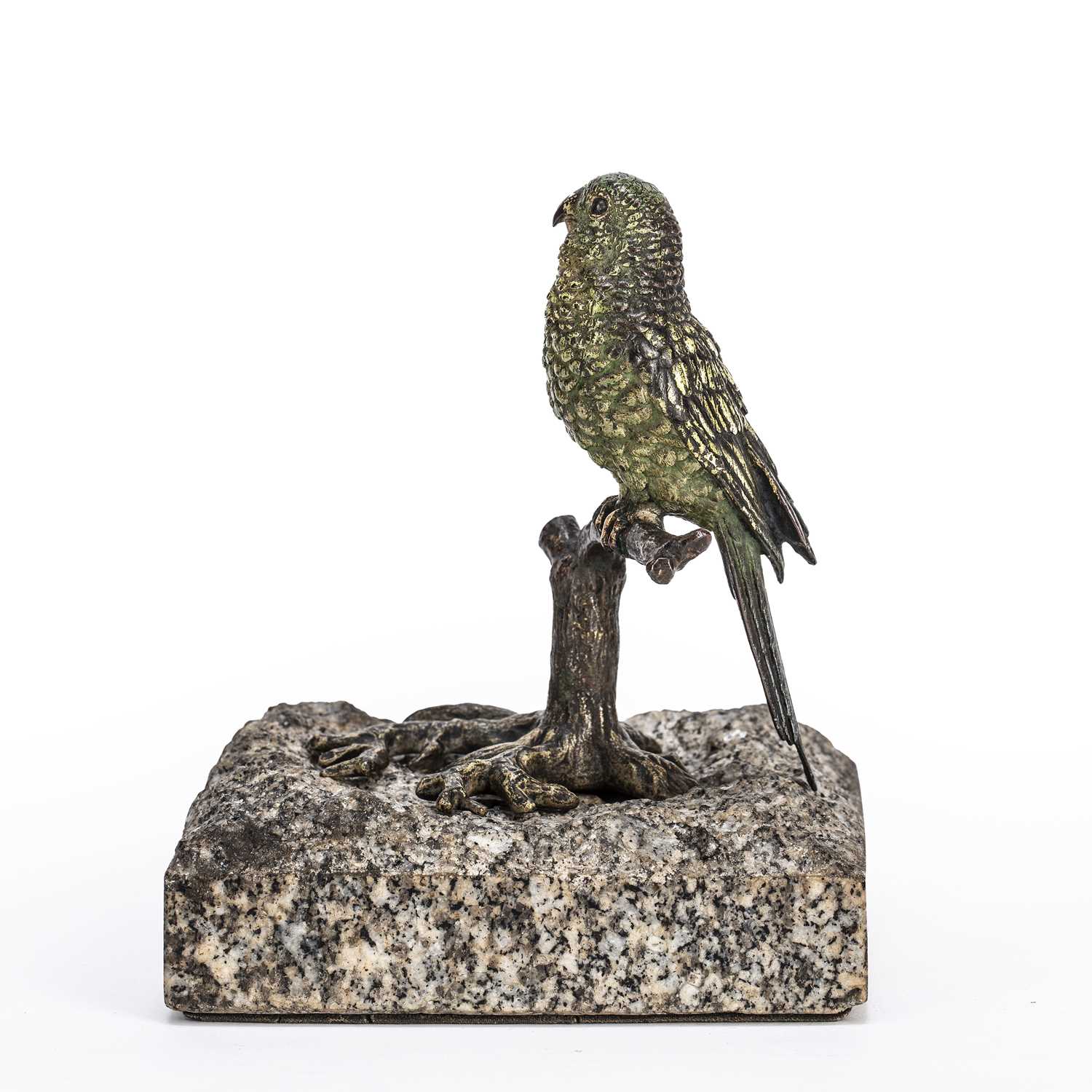 A late 19th / early 20th century Austrian cold painted bronze parakeet on a perch, mounted on a - Image 2 of 3