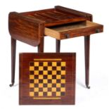 A George III mahogany games table with a sliding top opening to reveal a marquetry games board,