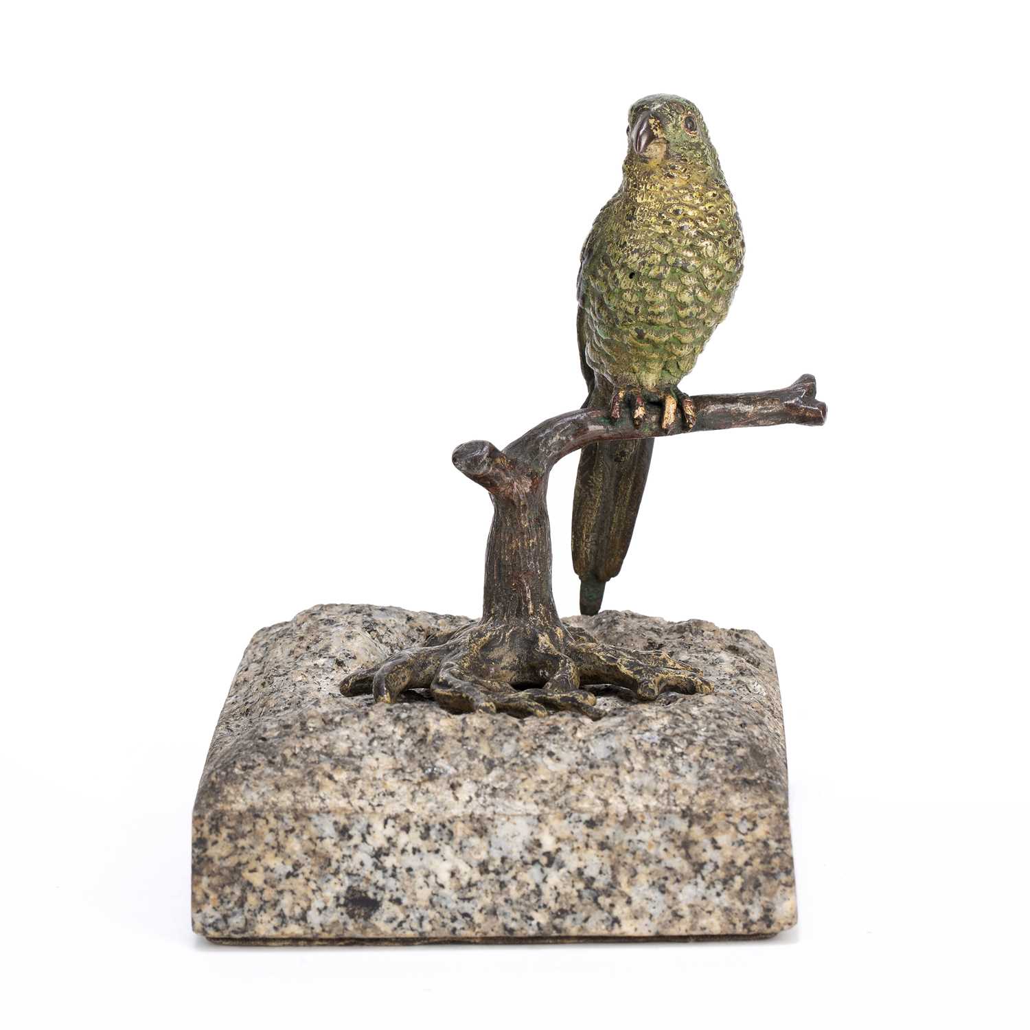 A late 19th / early 20th century Austrian cold painted bronze parakeet on a perch, mounted on a