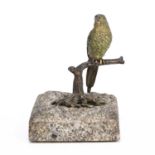A late 19th / early 20th century Austrian cold painted bronze parakeet on a perch, mounted on a