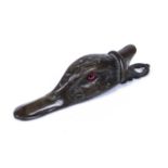 A 20th century bronze letter clip in the form of a duck's head and beak, with glass eyes, 16cm in