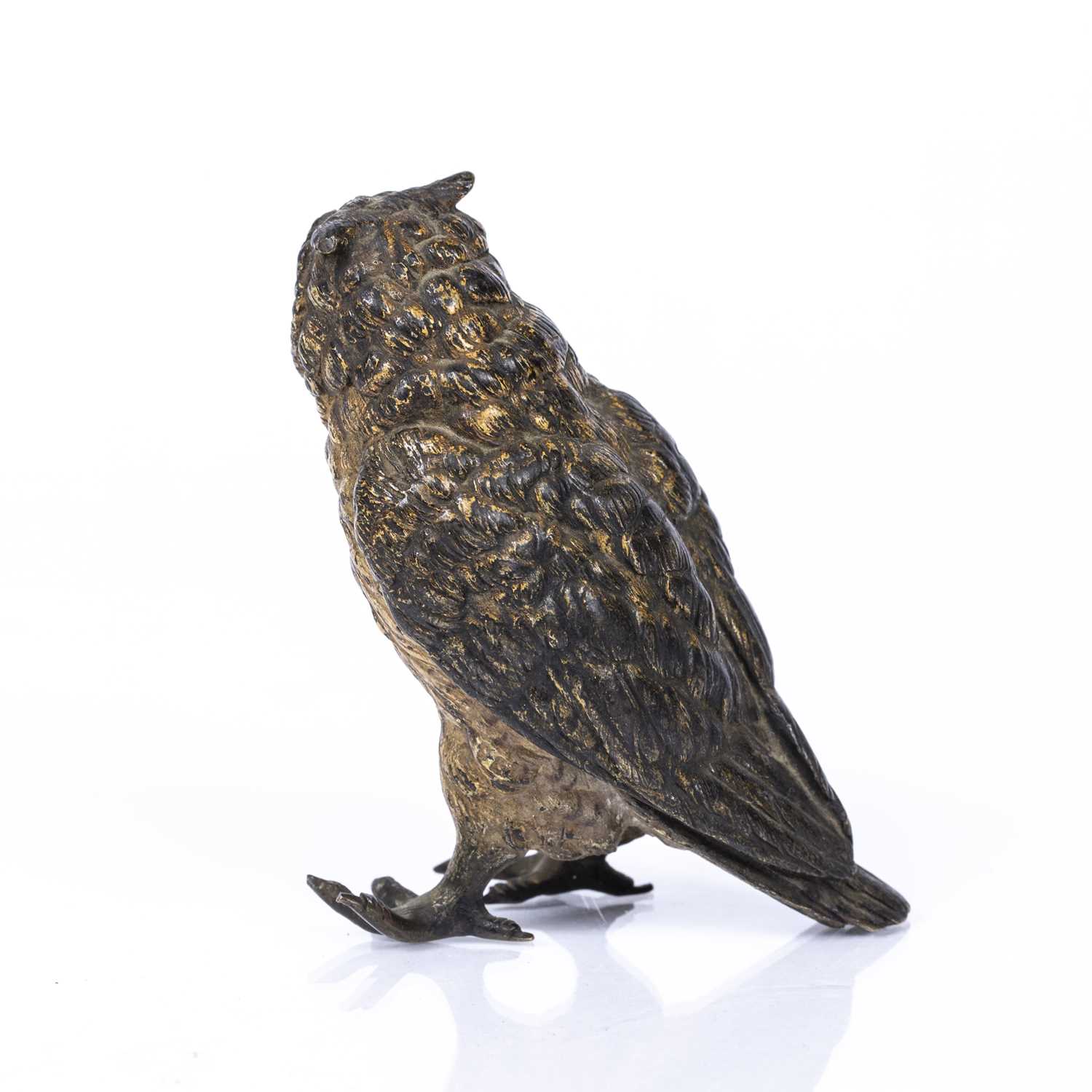 A late 19th / early 20th century Austrian cold painted bronze owl marked 'Gerschutz', in the - Image 2 of 3