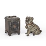 A late 19th / early 20th century painted spelter money box in the form of a pug, 10cm wide x 11cm