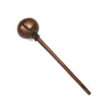 A 19th century African tribal throwing club with a bulbous head, iron nails, iron ring collar and