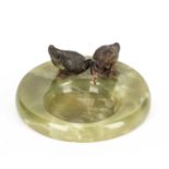 Early 20th century Austrian cold painted bronze ducks mounted on an onyx cylindrical tray, 15cm