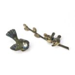 An early 20th Austrian cold painted bronze song bird 7cm wide and two blue tits perched on a