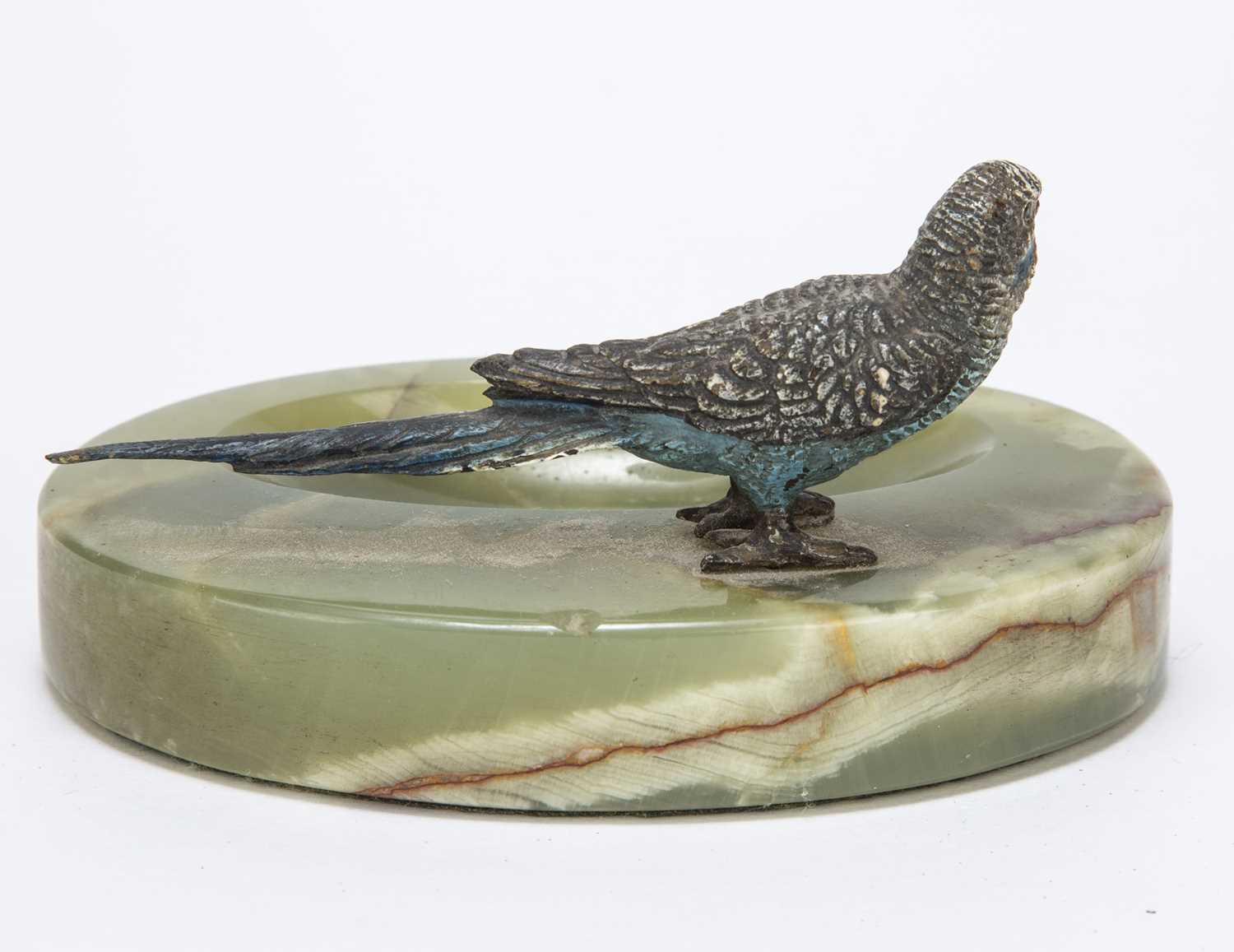 An early 20th century Austrian cold painted bronze budgerigar mounted on an onyx tray, the budgie - Image 2 of 2