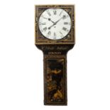 A black japanned tavern clock, the circular white painted Roman dial with Arabic five minutes,