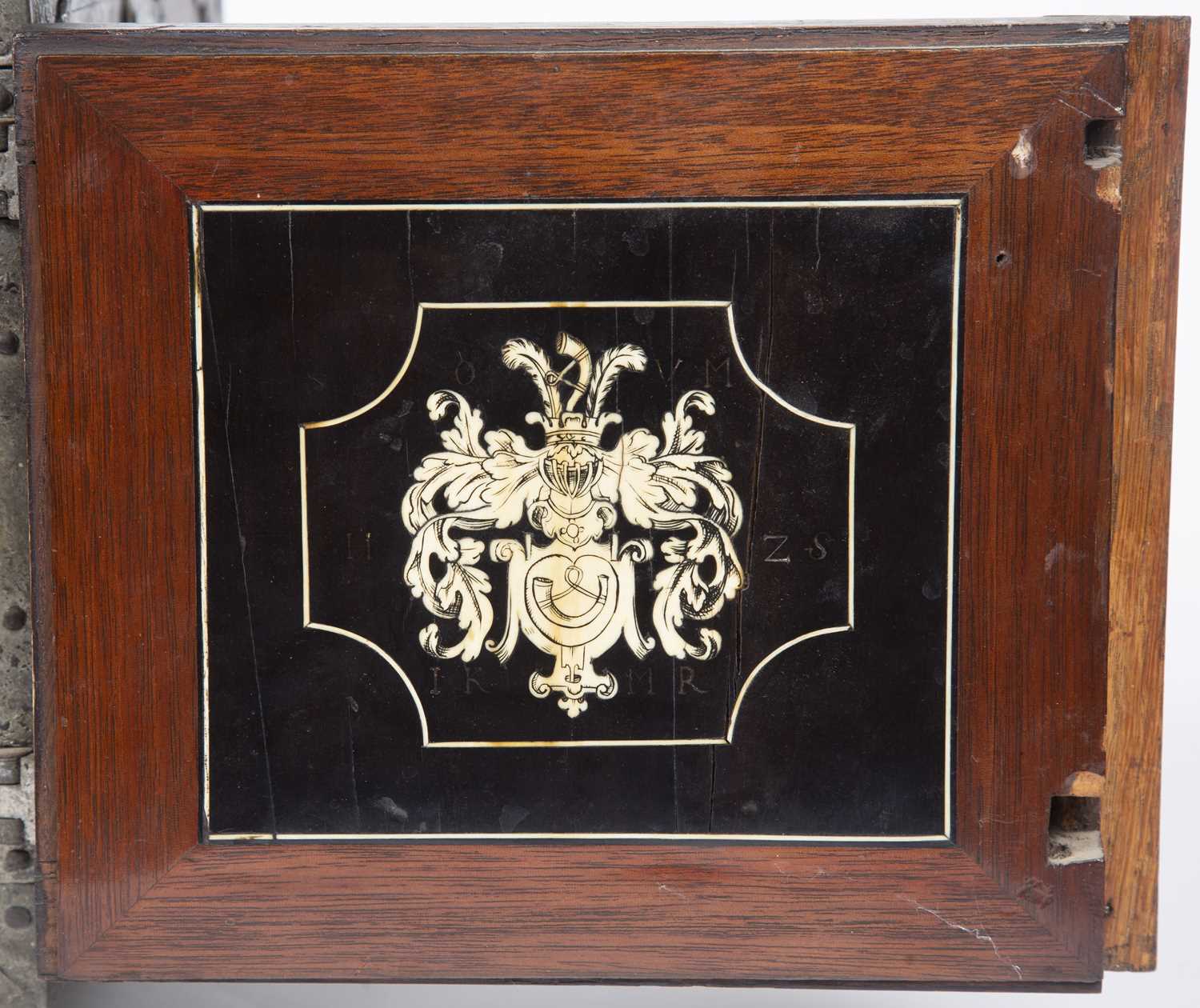 A 17th century German oak and metal bound table top cabinet of drawers, having a double headed eagle - Image 10 of 10