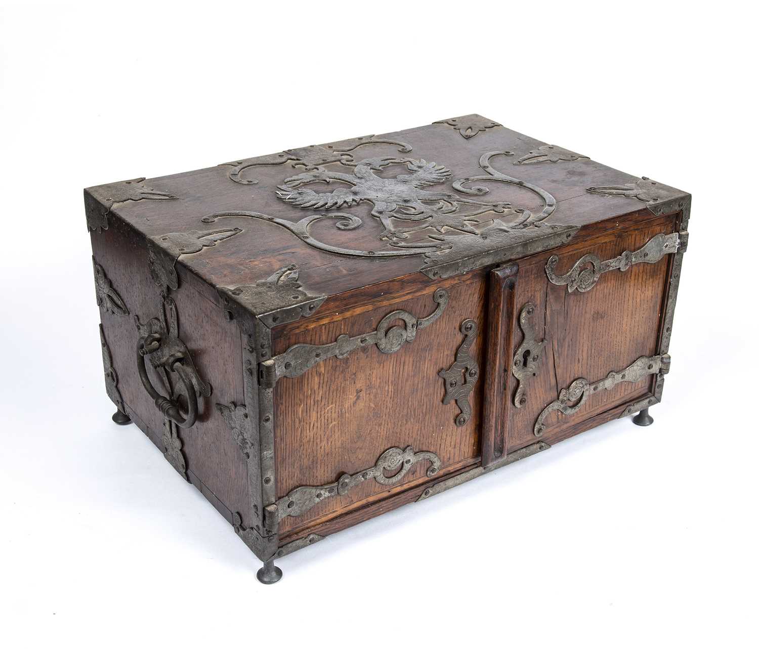 A 17th century German oak and metal bound table top cabinet of drawers, having a double headed eagle - Image 3 of 10
