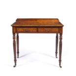 A Victorian yew wood side table with a parquetry inlaid top and two drawers having brass handles and