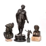 A 19th century spelter classical Roman statue 51cm high together with two Roman style bronze head