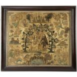 A 17th century raised work embroidery picture, the silk panel decorated with two central figures,